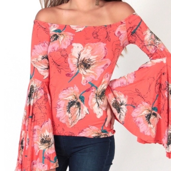 Free People Top We The Free Birds of Paradise Orange Off Shoulder Size M - Picture 1 of 11